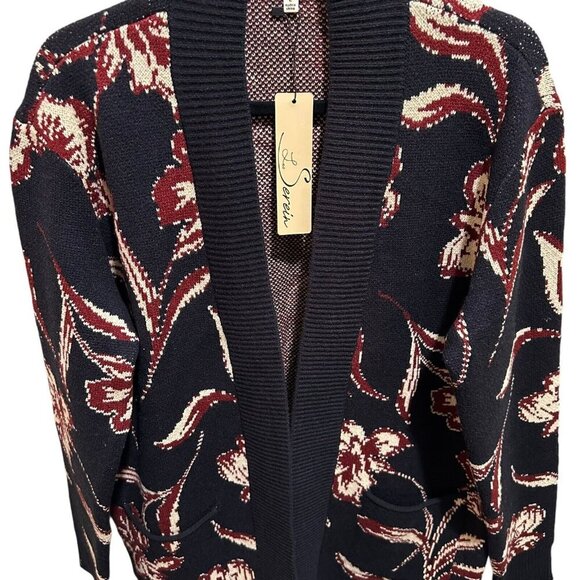 Les Serein Cardigan Size L Black Burgundy Ivory Floral Chunky Knit StitchFix New - Picture 3 of 11